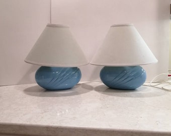 Vintage Art Deco Revival Lamp Pair 1980s Blue