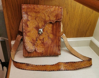Tooled Leather Purse Handbag True Vintage Concho Boho Retro 1970's Tooled Leather Handbag Flowers Floral