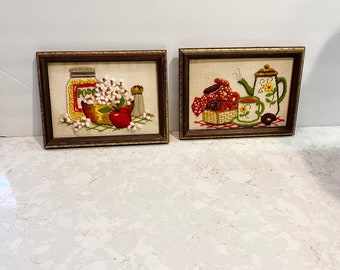 Amazing Crewel Doughnuts Teapot Popcorn Crewel Embroidery picture framed so cute kitsch