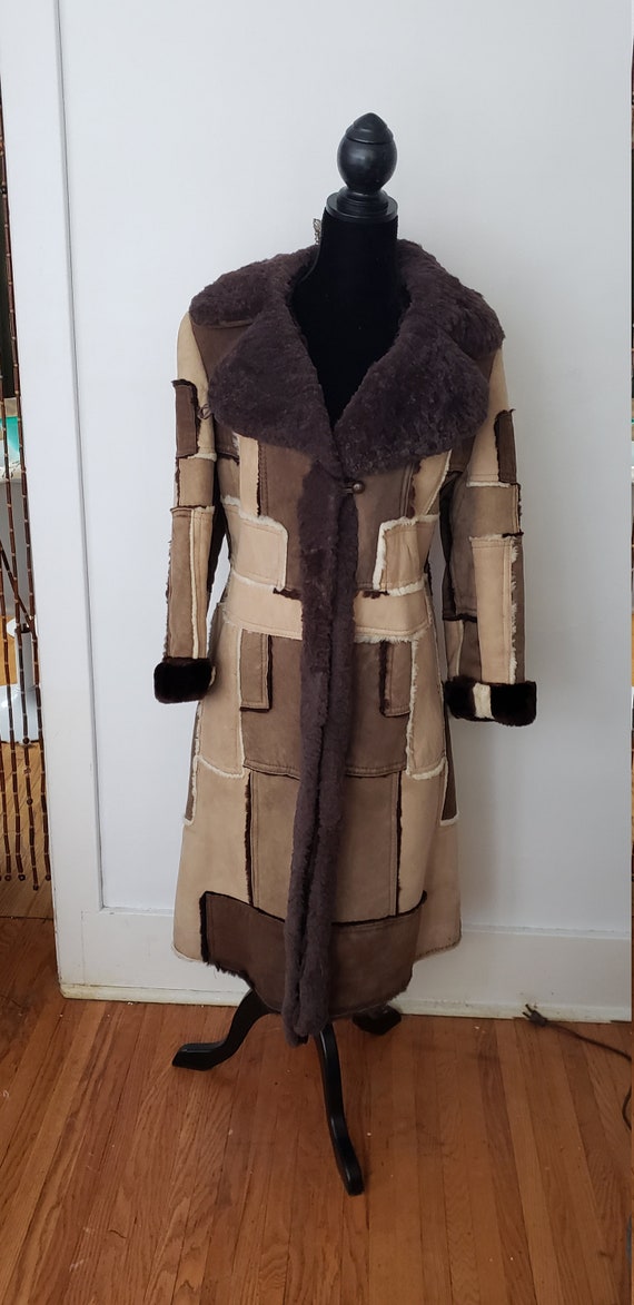 Vintage 1970's Shearling Princess Coat Patchwork S