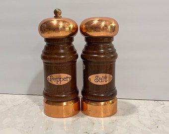 Mid Century Modern Wooden Salt and Pepper Mill Grinder Set Copper Accents Modern Teak