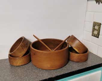 Set da insalata in teak vintage, set di ciotole in teak anni '70