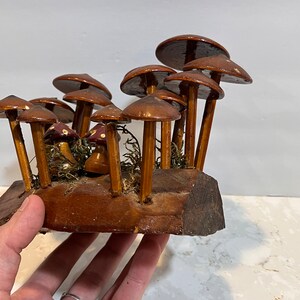 Pu&ograve; includere: Una scultura di funghi in legno con funghi dipinti di marrone e bianco su una base in legno. I funghi sono disposti in un gruppo e hanno un aspetto fantasioso e da fiaba.