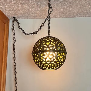 Mid Century Amber Swag Lamp Quilted Glass Amber Swag mid century vintage