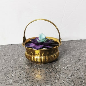 May include: A small gold-coloured metal planter with a handle, featuring a purple and blue succulent plant inside.