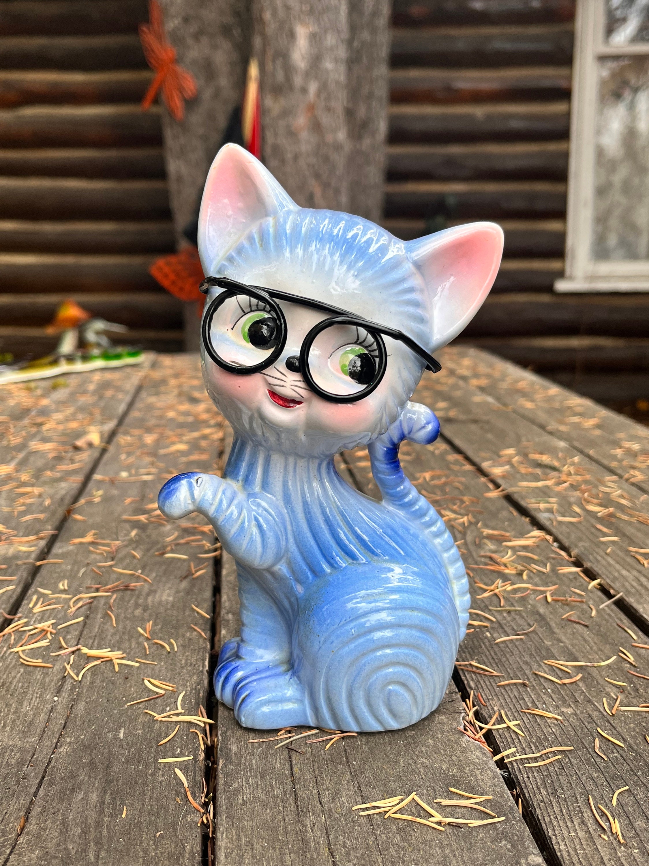 Ceramic Cat Blue Glasses Kitschy Big Eye Ceramic Cat Cat
