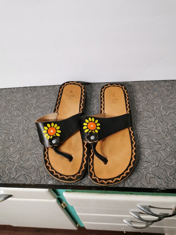 Tooled Leather Sandals Vintage Flower Power Mexic… - image 1