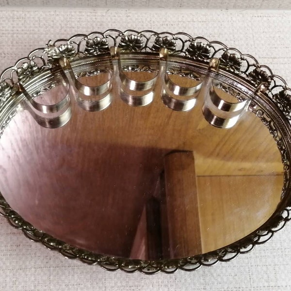 Vintage Mirror Vanity Tray Gold Filigree With Lipstick Holder