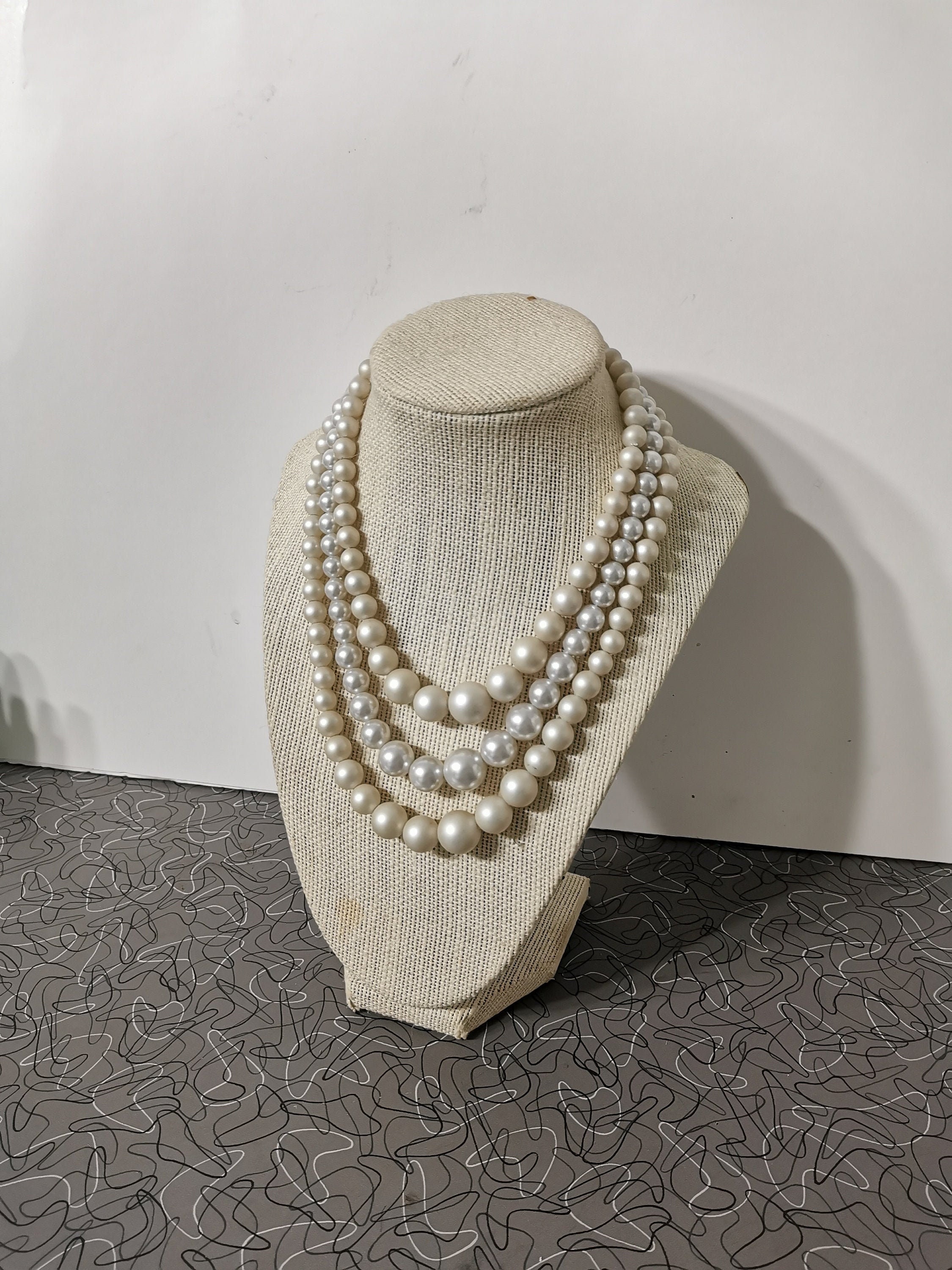 Vintage 1950 s Faux Pearl Necklace 3 Tiered 3 Strand Vintage
