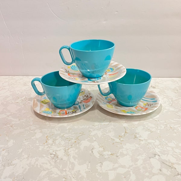 Aqua Melmac Rainboware Teacups and Saucers Set of 3 Mid Century Aqua Retro 1950's Tea Set