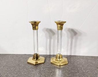 Vintage Mid Century Candleholders Lata 80., Lucite i Mosiężne Świeczniki Vintage, Mod Retro Funky Lucite