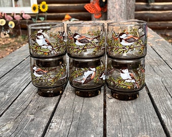 Vintage Chickadee Woodland Tumbler Set Cottage Birdwatcher