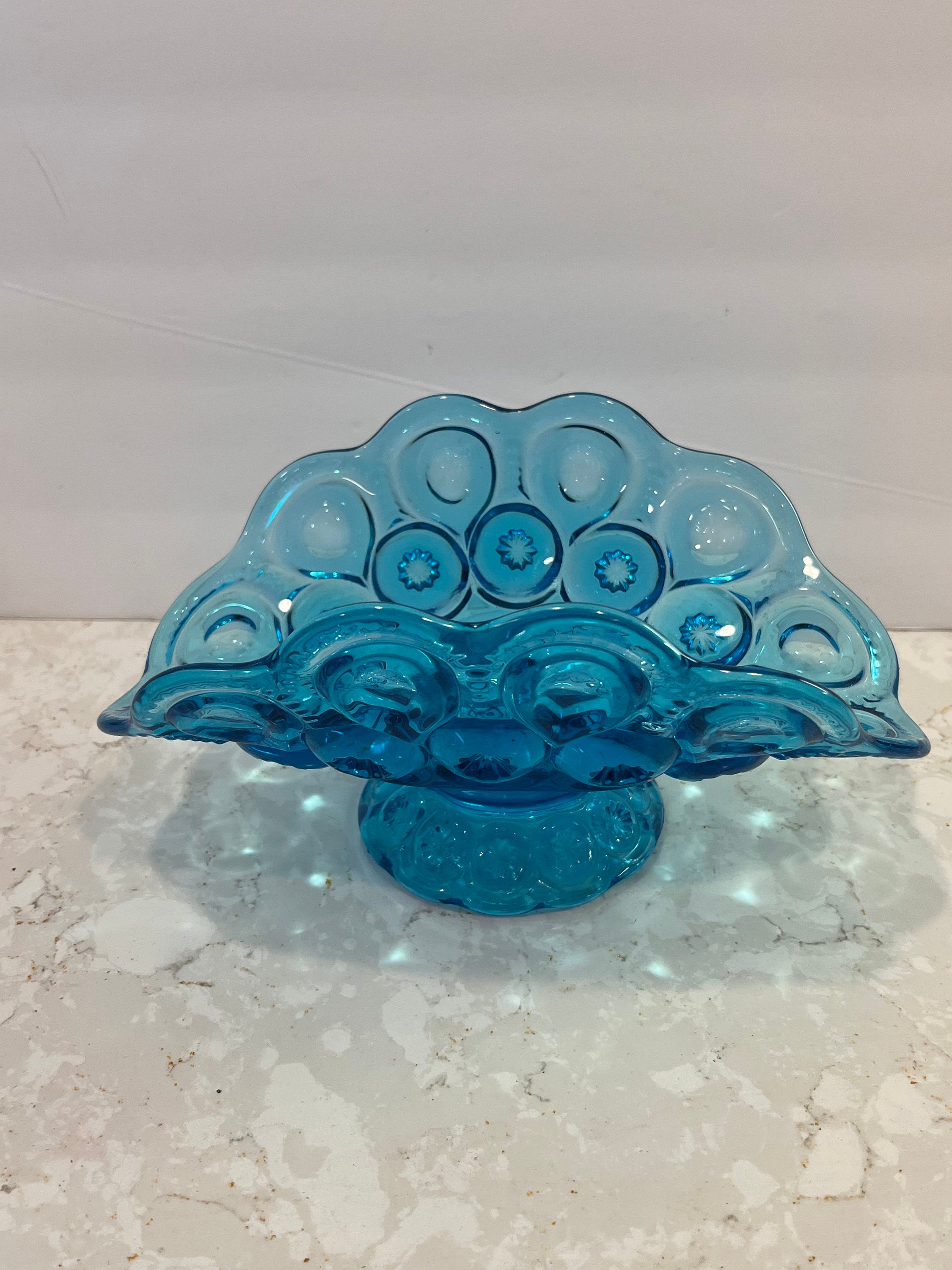 Large Vintage LE Smith Blue Moon and Stars Banana Dish Collectible Glass Home Decor