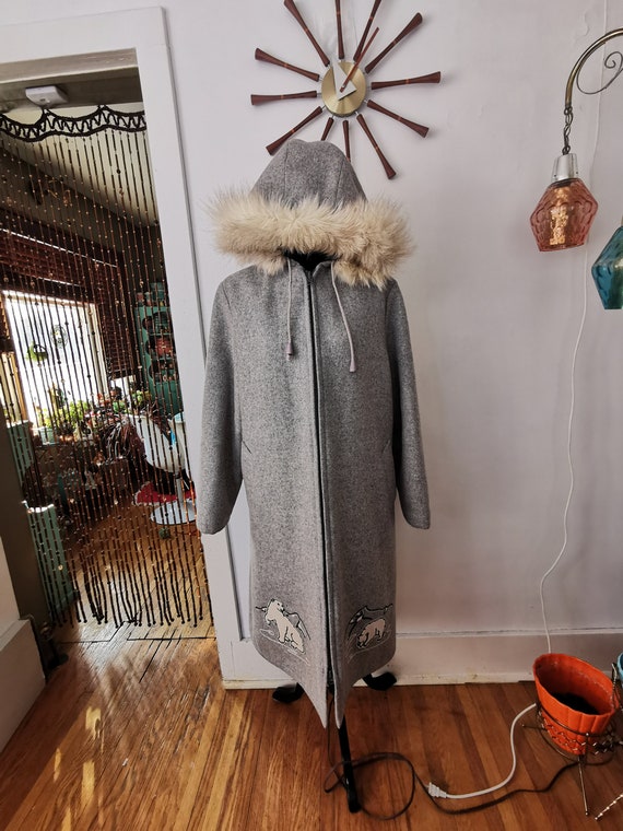 Vintage Inuit Coat Grey With Shell Wool and Fur Ha