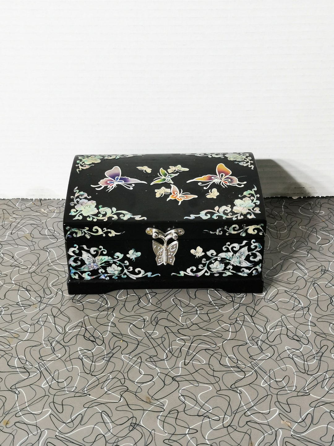 Vintage Black Lacquer Jewelry Box 1950s Butterflies Mother of Etsy