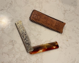 Vintage 1940s 50s Fold Out Travel Comb With Tortoiseshell Bakelite and Engraving With Belt case!!