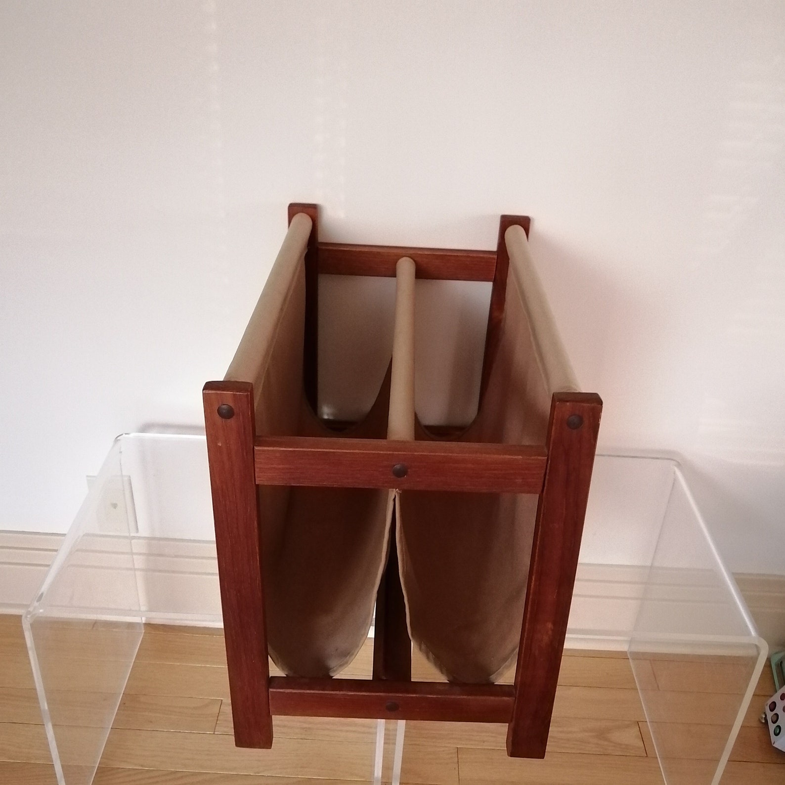 Mid Century Danish Modern Teak and Canvas Magazine Rack