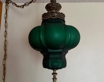 Vintage Mid Century Swag Lamp Emerald Green Satin Glass Faulkstein Style With Bubble Pattern Gothic