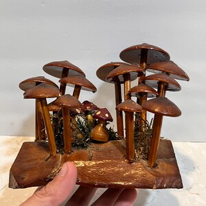 Pu&ograve; includere: Una scultura di bosco di funghi in legno con funghi marroni e rossi su una base in legno. I funghi sono disposti in un gruppo e hanno un aspetto fantasioso e fiabesco.