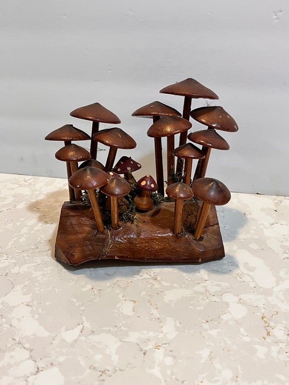 Vintage Hand Carved Mushroom Folk Art Mossy Mushrooms Vintage Decor