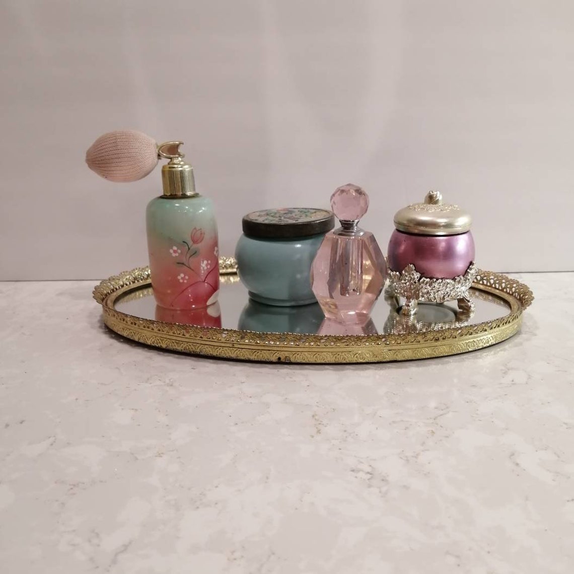 Vintage Mirror Vanity Tray Gold Filigree Etsy
