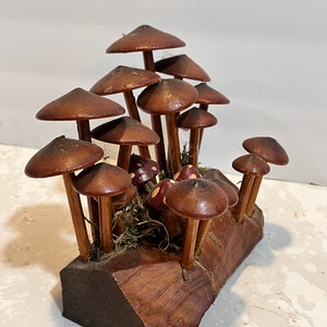 Pu&ograve; includere: Una scultura in legno di un gruppo di funghi con cappelli marroni e macchie bianche. I funghi sono disposti su un pezzo di legno con muschio.