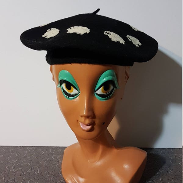 Vintage Black Wool Beret With Lambs Made In Canada Beret Hat Winter Hat Boho Hippie Hipster Artist