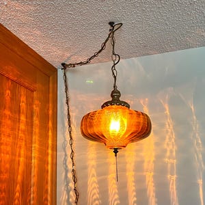 Mid Century Amber Swag Lamp Optic Glass UFO Amber Swag mid century vintage