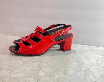 Vintage Red Patent Leather Open Toe Pumps