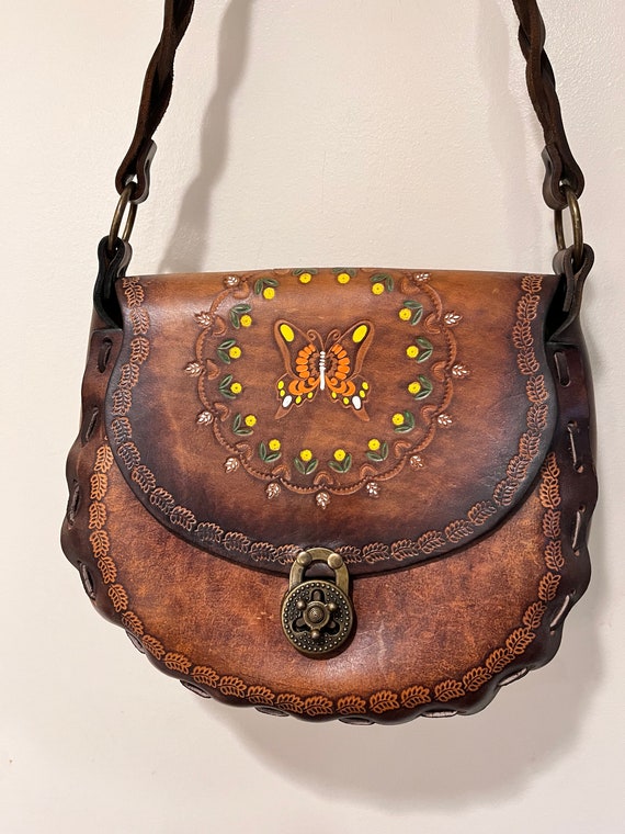 Vintage Mexico Tooled Leather Butterfly Purse Pou… - image 2