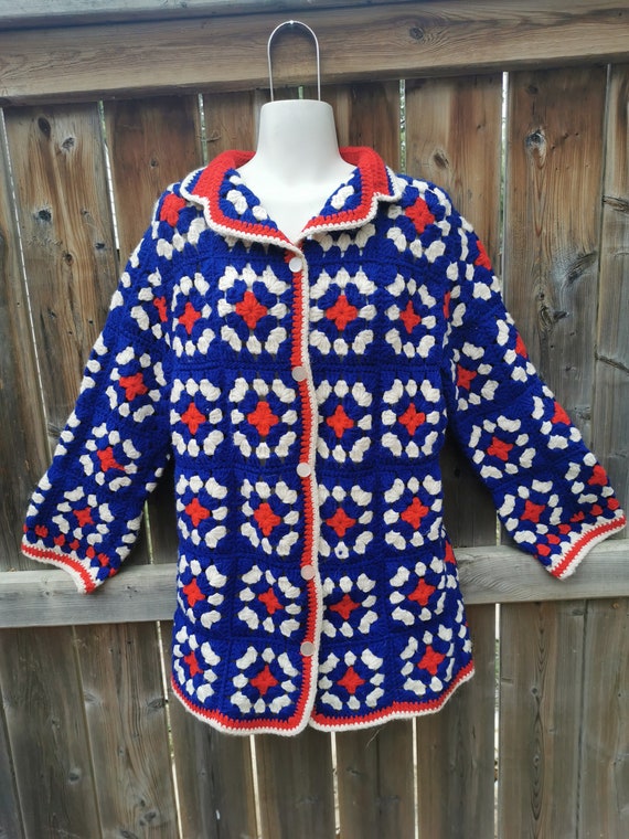 Vintage Granny Square Sweater Cardigan 