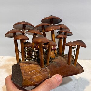 Pu&ograve; includere: Una scultura in legno di un gruppo di funghi con cappelli e steli marroni. I funghi sono disposti su una base in legno con muschio e sono dipinti con dettagli rossi e bianchi.
