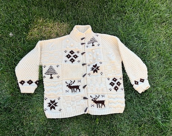 Vintage 1970's Cowichan Sweater With Deer or Elk Camping Outdoorsy