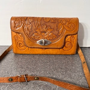 Vintage Large Tooled Leather Purse Huge Boho Retro 1970's Tooled Leather Handbag Flowers Floral