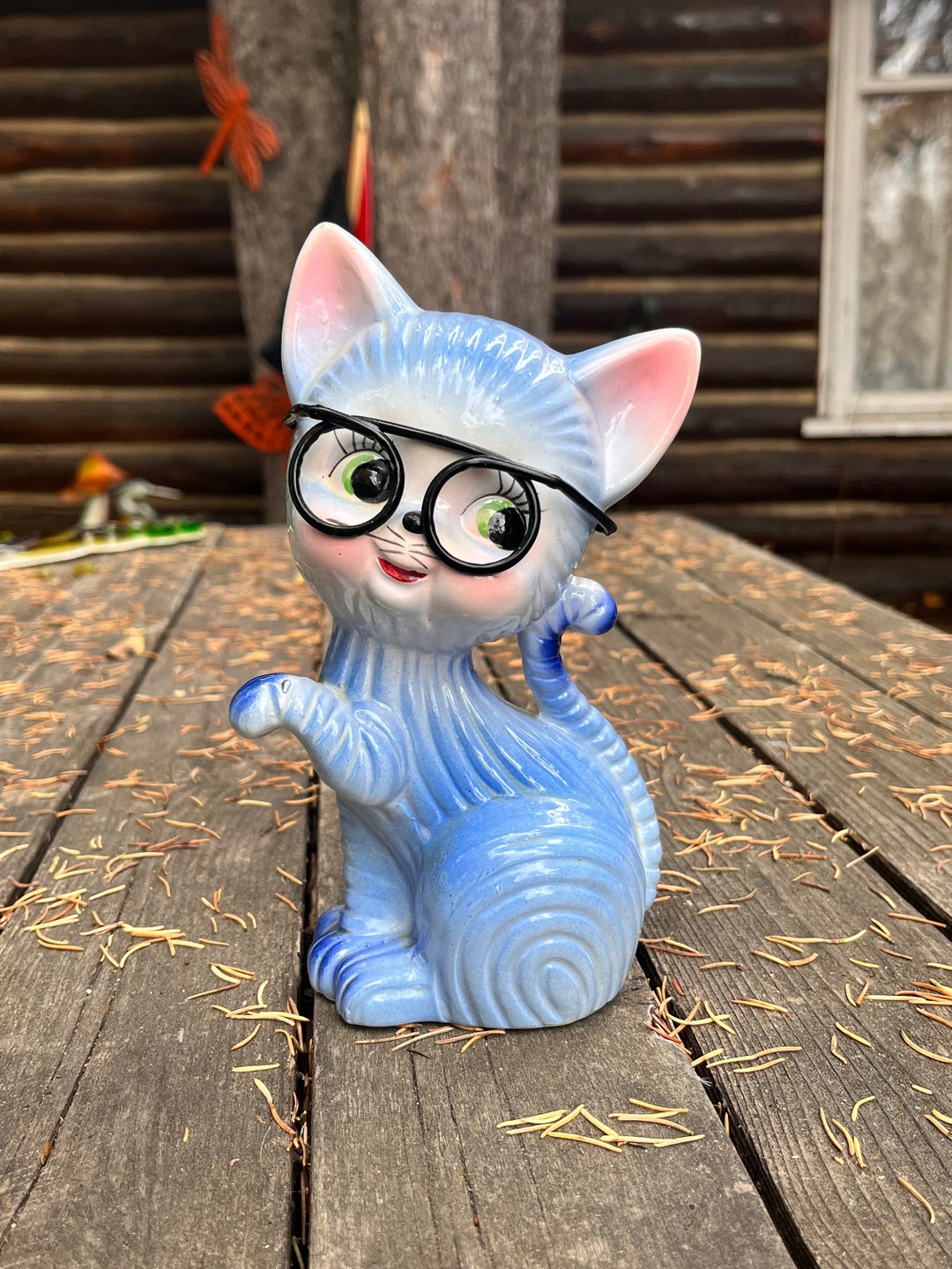 Ceramic Cat Blue Glasses Kitschy Big Eye Ceramic Cat Cat Japan
