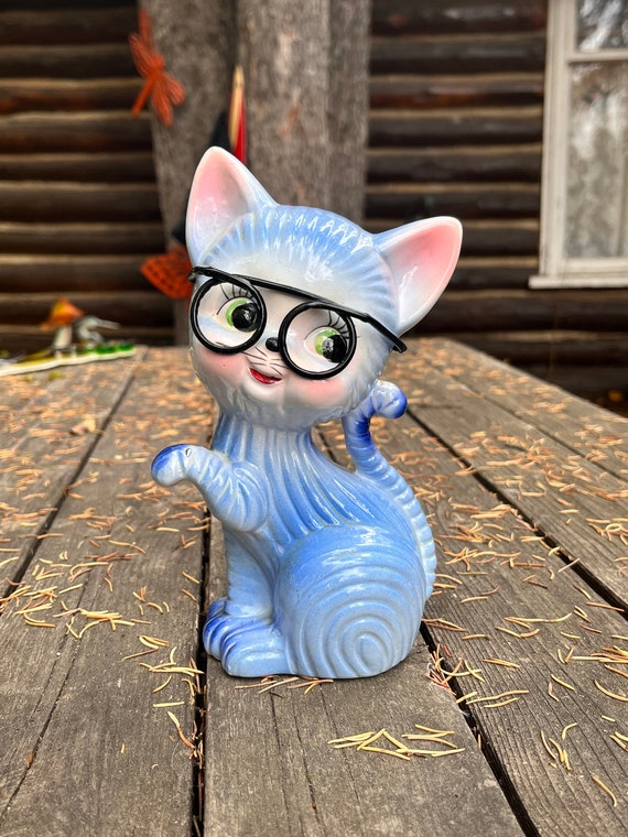 Ceramic Cat Blue Glasses Kitschy Big Eye Ceramic Cat Cat Japan
