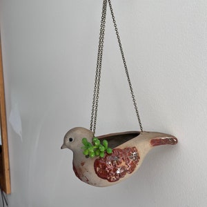 May include: A ceramic bird planter with a brown and white glaze hangs from a chain. The planter has a small succulent plant inside.