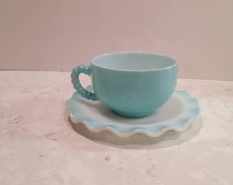 Vintage Hazel Atlas Crinoline Teacup and Saucer Aqua Beaded Handle