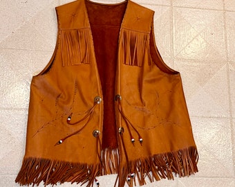 Vintage 1970s Fringed Leather Vest Wheat Pattern Native American Art