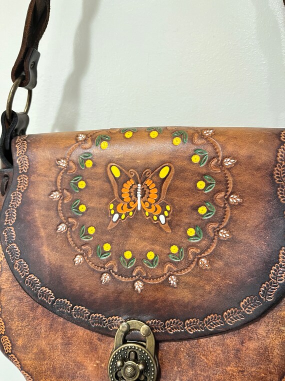Vintage Mexico Tooled Leather Butterfly Purse Pou… - image 3