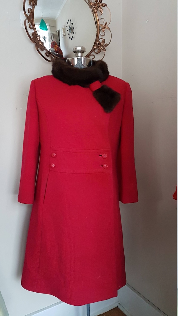 1960's Fitted Mod Coat in Red Mink Collar 1960's P