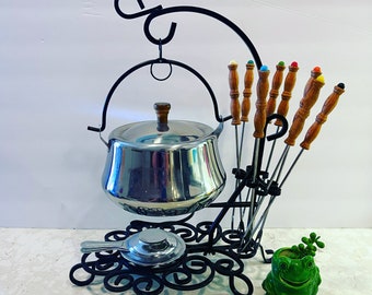 Vintage Fondue Pot Cauldron Style Witchy Vibes Halloween Decor Complete Set Fondue Pot