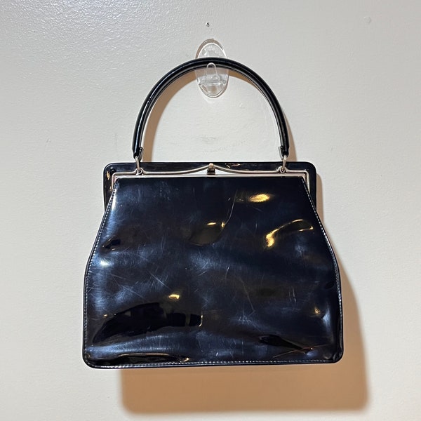 Vintage Black Patent Leather Mod Purse Pin Up Space Age Mod Handbag