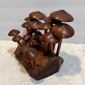 Pu&ograve; includere: Una scultura in legno di un bosco di funghi con funghi marroni di diverse dimensioni su una base in legno.
