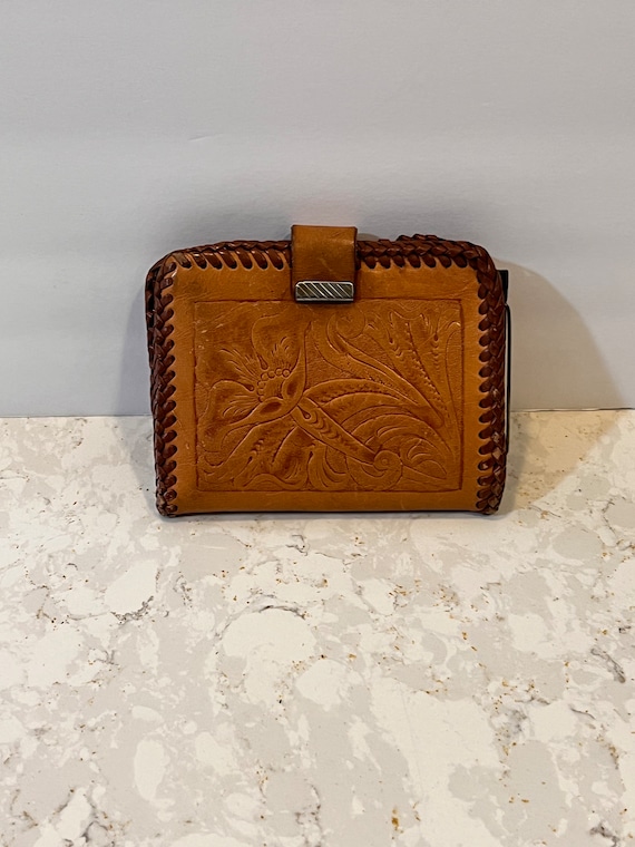 Vintage Tooled Leather Wallet Billfold With Chang… - image 1