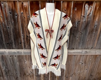 Ponczo w stylu vintage z frędzlami w stylu hippie, ptaki, festiwal boho