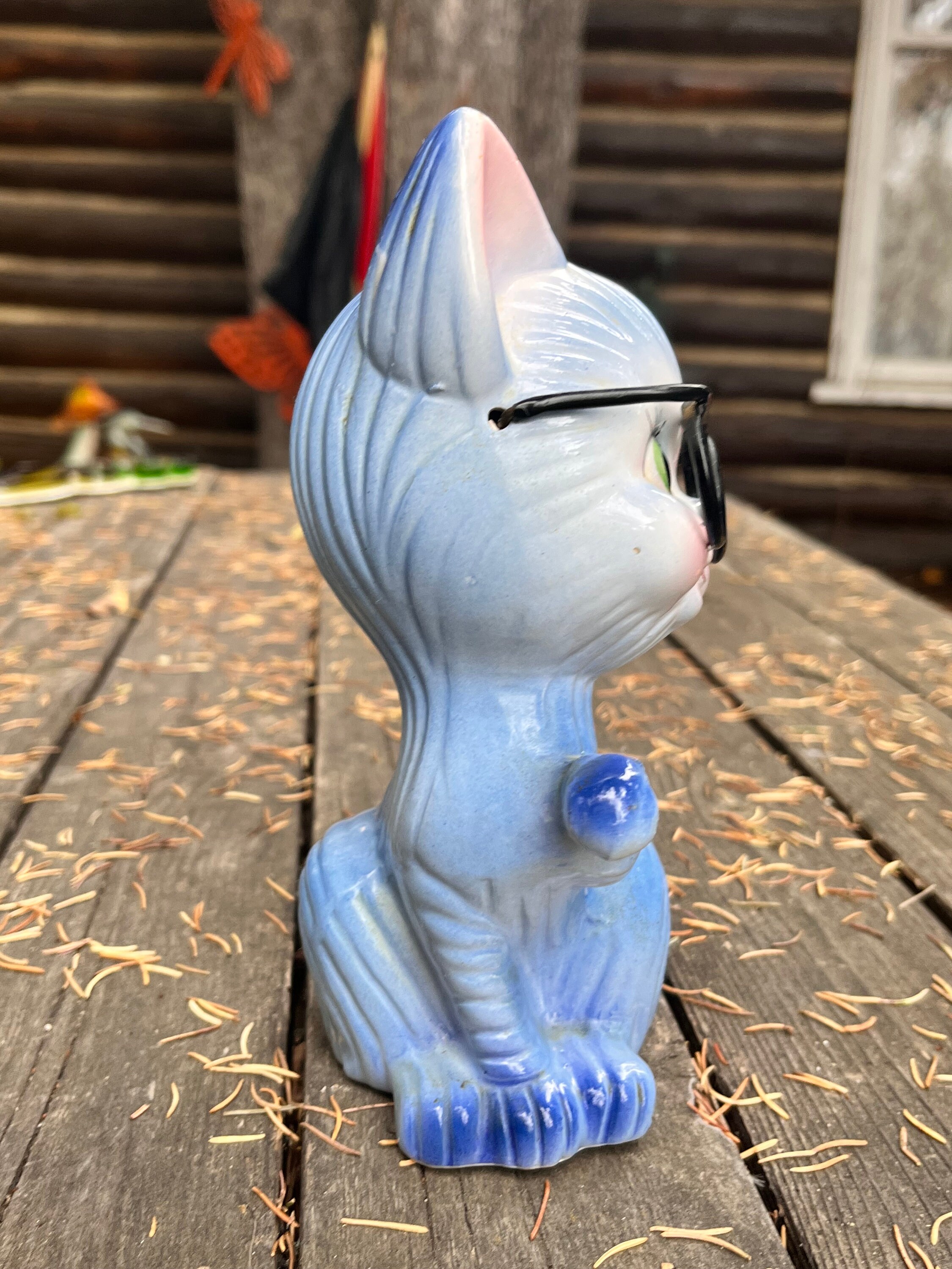 Ceramic Cat Blue Glasses Kitschy Big Eye Ceramic Cat Cat Japan