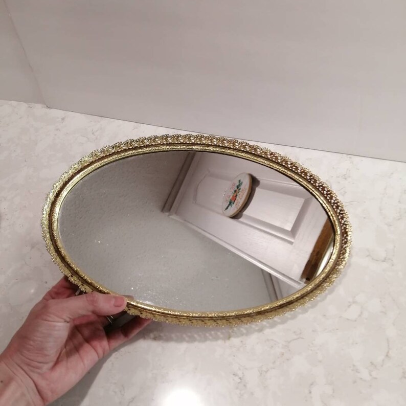 Vintage Mirror Vanity Tray Gold Filigree Etsy
