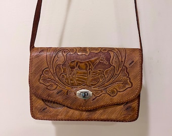 Vintage Tooled Leather Horse Purse Handbag Horse and Flower Pattern Made In Mexico 1970's  Mint!