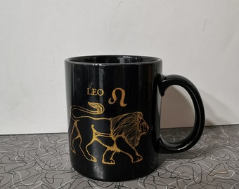 Vintage Leo Mug Black Zodiac Mug Retro 90s Ceramic Mug
